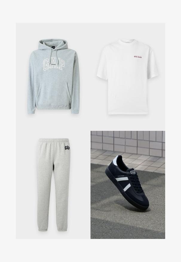 Hall halli puuvillasegust kapuutsiga dressipluus ees tasku, nöörid ja valge "GAP Athletic" logo. Pehme tekstuur, lõdvestunud lõige, soonilised varrukasuu ja alumine äär.; Valge lühikeste varrukatega ümarkaelusega t-särk, millel vasakul rinnal on väike punane tekst "Royal Palace".; Hallid hallid spordipüksid, millel on elastne vöökoht, pahkluude juures nööbiga ning tumedanavi "GAP" logo vasakul ülemisel reiel. Pehme puuvillase segu kangas.; Must have musta sneaker musta valgete triipudega, tekstuurne kummitald ja nööridega esiosa. Omab bränditud märki keele peal.