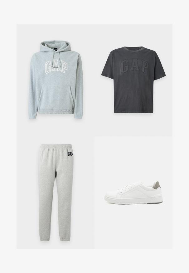 Grijze hoodie van een katoenmix met een voorvak, trekkoorden en een "GAP Athletic" logo in crèmekleur. Zachte textuur, ontspannen pasvorm, geribde manchetten en zoom.; Donkergrijze T-shirt met korte mouwen en groot gestructureerd GAP-logo dat over de borst is gestikt, op een effen achtergrond.; Grijze sweats met een elastische tailleband, cuffed enkels, en een marineblauwe "GAP" logo op de linker boven dij. Zachte, katoenen stofmix.; Witte sneaker van glad leer met een ronde neus, minimalistisch ontwerp, grijze hielaccent en een geplaatste rubberen zool.