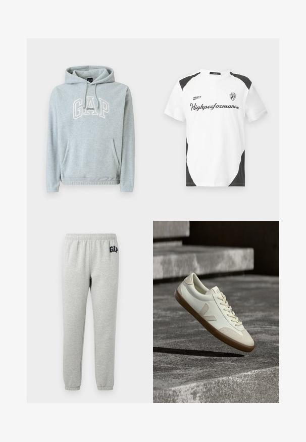Grijze hoodie van een katoenmix met een voorvak, trekkoorden en een "GAP Athletic" logo in crèmekleur. Zachte textuur, ontspannen pasvorm, geribde manchetten en zoom.; Witte T-shirt met korte mouwen en zwarte accenten. Bevat het logo "REPLAY FC" en de tekst "Highperformance" in een sportieve lettertype. Gemaakt van een glad materiaal.; Grijze sweats met een elastische tailleband, cuffed enkels, en een marineblauwe "GAP" logo op de linker boven dij. Zachte, katoenen stofmix.; Witte leren sneakers met een bruine rubberen zool, platte veters en een V-vormig accent aan de zijkant. Ze hebben een glad oppervlak en minimale stikdetails.