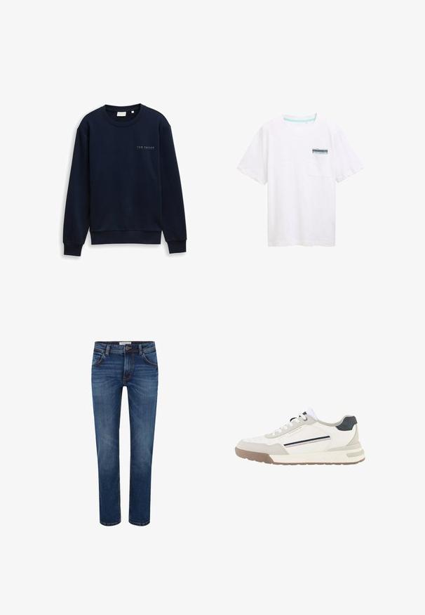 Sudadera azul marino de mezcla de algodón con cuello redondo y mangas largas. Presenta un pequeño logo de texto blanco en el pecho.; Camiseta de algodón blanca con mangas cortas, que presenta un bolsillo con una etiqueta azul y blanca. Textura suave y ajuste relajado.; Vaqueros de mezclilla en azul oscuro con un diseño de pierna recta, estilo de cinco bolsillos y costura en contraste. Cintura estándar con cierre de botón.; Zapatilla blanca y beige con cordones blancos, suela marrón, parche negro en el talón y detalles de rayas laterales en azul marino y rojo.