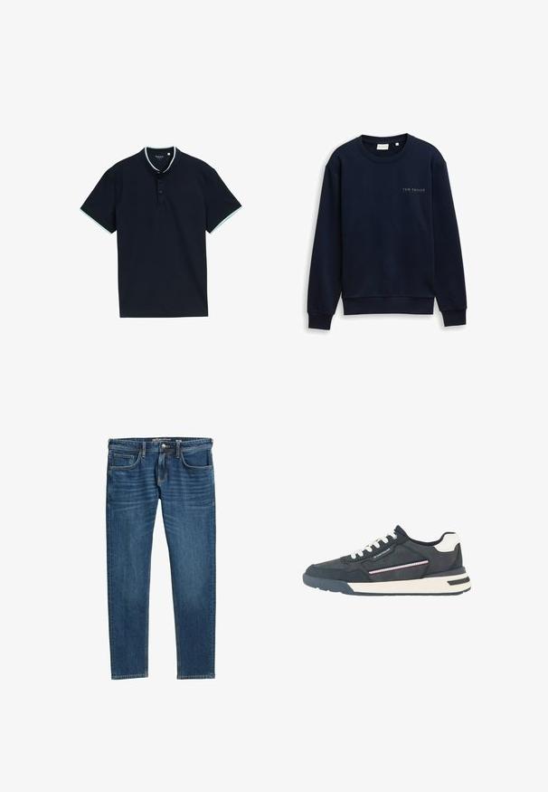 Marineblauwe sweatshirt gemaakt van een katoenmengsel met een ronde hals en lange mouwen. Voorzien van een klein wit tekstlogo op de borst.; Marineblauw poloshirt van een gestructureerde stof, met een staande kraag, drie knopen en lichtblauwe accenten op de kraag en mouwen.; Donkerblauwe denim jeans met een rechte pijp, vijf zakken en zichtbare stiksels langs de naden. Voorzien van een rits en een logo-label.; Heren sneaker in marineblauw en wit met witte veters, geperforeerde neus, gestreept zijdetail en merkaccent op het zijpaneel.