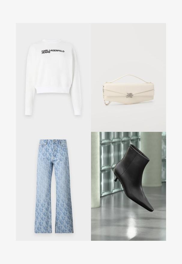 Weißer, kurzer Sweatshirt aus Fleece mit langen Ärmeln und Rundhalsausschnitt. Schwarzer Druck mit "KARL LAGERFELD JEANS" auf der Vorderseite.; Hellblaue Jeans aus Denim mit weitem Bein, ausgestattet mit einem Allover-Muster von ineinander verschlungenen Buchstaben in einem leicht dunkleren Farbton. Klassisches Fünf-Taschen-Design.; Schwarzer Leder-Knöchelstiefel mit spitzer Spitze und kleinem Absatz vor einer Wand aus Glasbausteinen und einem polierten Boden.; Beige Lederclutch mit einem oberen Griff, silberner Kettenträger und silbernem dekorativem Logoschnappverschluss auf der vorderen Klappe.