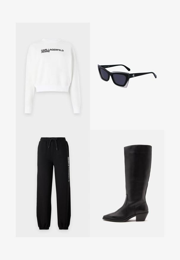 Sweatshirt court blanc en polaire, avec des manches longues et un col rond. Imprimé noir avec "KARL LAGERFELD JEANS" sur le devant.; Pantalons de survêtement noirs avec une taille élastique, un cordon de serrage ajustable et des poignets fuselés. Présente un logo blanc imprimé sur le côté gauche.; Botte en cuir noire mi-mollet avec un bout pointu et un talon bas incliné sur un fond clair uni.; Lunettes de soleil noires surdimensionnées avec une forme géométrique, dotées de verres foncés et d'un détail gris contrastant sur la monture. Logo sur la branche.