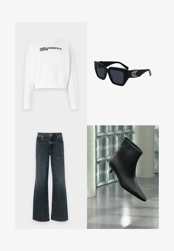 Biely skrátený mikina z fleece materiálu, s dlhými rukávmi a okrúhlym výstrihom. Na prednej strane v čiernej farbe je nápis "KARL LAGERFELD JEANS".; Tmavé denimové nohavice s rozšírenými nohavicami a vysokým pásom, so siedmimi vreckami, zapínaním na gombík a jemnými vyblednutím na látke.; Čierna kožená členková čižma so špicatou špičkou a nízkym kitten podpätkom, zobrazená šikmo na pozadí leštenej podlahy a steny zo sklenených blokov.; Čierne slnečné okuliare s hranatým rámom, tmavé šošovky, matný povrch a strieborný detail loga CK na bočnej strane.
