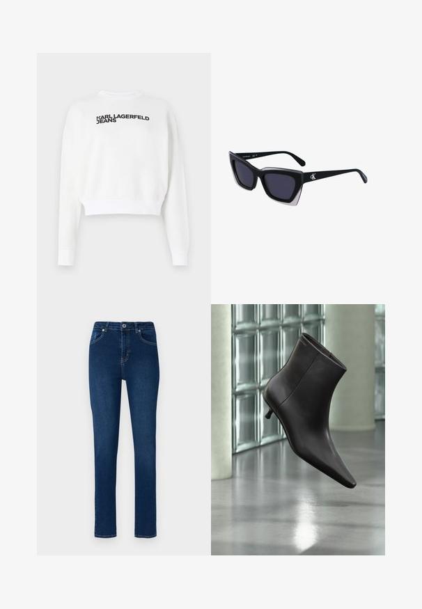 Biely skrátený mikina z fleece materiálu, s dlhými rukávmi a okrúhlym výstrihom. Na prednej strane v čiernej farbe je nápis "KARL LAGERFELD JEANS".; Tmavomodré denim jeans so štíhlym strihom. Medzi vlastnosti patrí pás na gombíkový zapínanie, päť vreciek a minimálne švy.; Čierna kožená členková obuv s ostrou špičkou a nízkym podpätkom, zobrazená na pozadí steny zo sklenených blokov a leštenej podlahy.; Čierne oversized slnečné okuliare s geometrickým tvarom, s tmavými šošovkami a kontrastným šedým detailom na ráme. Logo na mostíku.