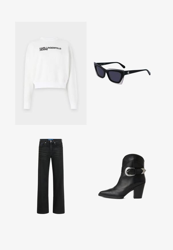 Biely skrátený mikina z fleece materiálu, s dlhými rukávmi a okrúhlym výstrihom. Na prednej strane v čiernej farbe je nápis "KARL LAGERFELD JEANS".; Čierne široké nohavice z denimu, s gombíkom a zipsom, piatimi vreckami a jemným vyblednutím látky.; Čierne kožené členkové topánky s špicatou špičkou, masívnym podpätkom a širokým remienkom so zaoblenou striebornou sponou na boku. Hladká textúra.; Čierne oversized slnečné okuliare s geometrickým tvarom, s tmavými šošovkami a kontrastným šedým detailom na ráme. Logo na mostíku.