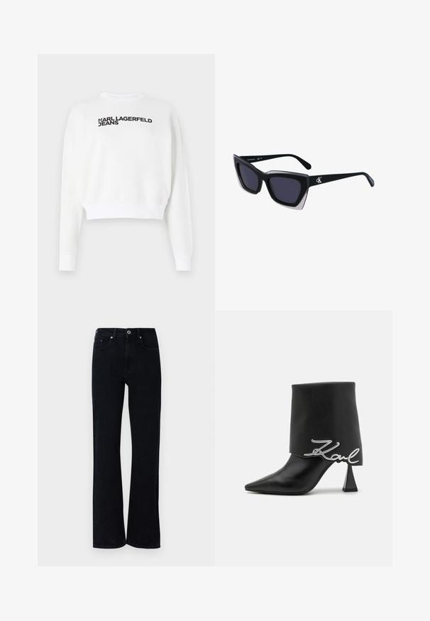Valkoinen fleece-materiaalisesta kankaasta valmistettu lyhythihainen collegepaita, jossa on pitkät hihat ja pyöreä kaula-aukko. Etupuolella musta teksti "KARL LAGERFELD JEANS".; Mustat farkut, joissa on leveä lahjesuunnittelu. Ominaisuuksia ovat kaksi etutaskua, pieni sininen yksityiskohta ja tavallinen nappikiinnitys.; Musta nahkainen nilkkuri, jossa on terävä kärki, korkea paksukorko ja taitettu yläosa, jossa on hopeinen "Zaul"-logoyksityiskohta.; Mustat ylisuuret aurinkolasit, joissa on geometrinen muoto, tummat linssit ja kehykseen erottuva harmaa yksityiskohta. Logo varressa.