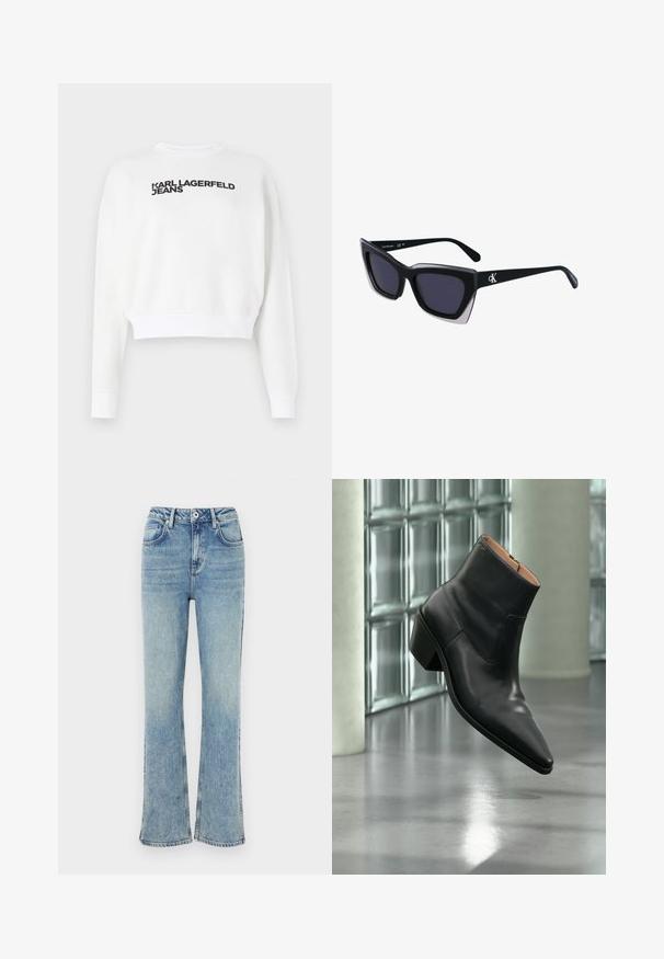 Biely skrátený mikina z fleece materiálu, s dlhými rukávmi a okrúhlym výstrihom. Na prednej strane v čiernej farbe je nápis "KARL LAGERFELD JEANS".; Svetlomodré zvonové džínsy vyrobené z denimu, s gombíkovým zapínaním, piatimi vreckami a jemným vyblednutím pre opotrebovaný vzhľad.; Čierna kožená členková obuv s ostrou špičkou a blokovým podpätkom vznášajúca sa nad odrazovou sivou podlahou pri stene zo sklenených blokov.; Čierne oversized slnečné okuliare s geometrickým tvarom, s tmavými šošovkami a kontrastným šedým detailom na ráme. Logo na mostíku.