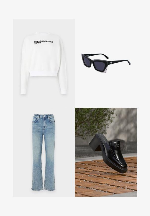 Biely skrátený mikina z fleece materiálu, s dlhými rukávmi a okrúhlym výstrihom. Na prednej strane v čiernej farbe je nápis "KARL LAGERFELD JEANS".; Svetlomodré zvonové džínsy vyrobené z denimu, s gombíkovým zapínaním, piatimi vreckami a jemným vyblednutím pre opotrebovaný vzhľad.; Čierne kožené šľapky Calvin Klein s blokovým podpätkom, ktoré oddychujú na drevených dlaždiciach vonku blízko zelenej rastliny a šedej steny.; Čierne oversized slnečné okuliare s geometrickým tvarom, s tmavými šošovkami a kontrastným šedým detailom na ráme. Logo na mostíku.