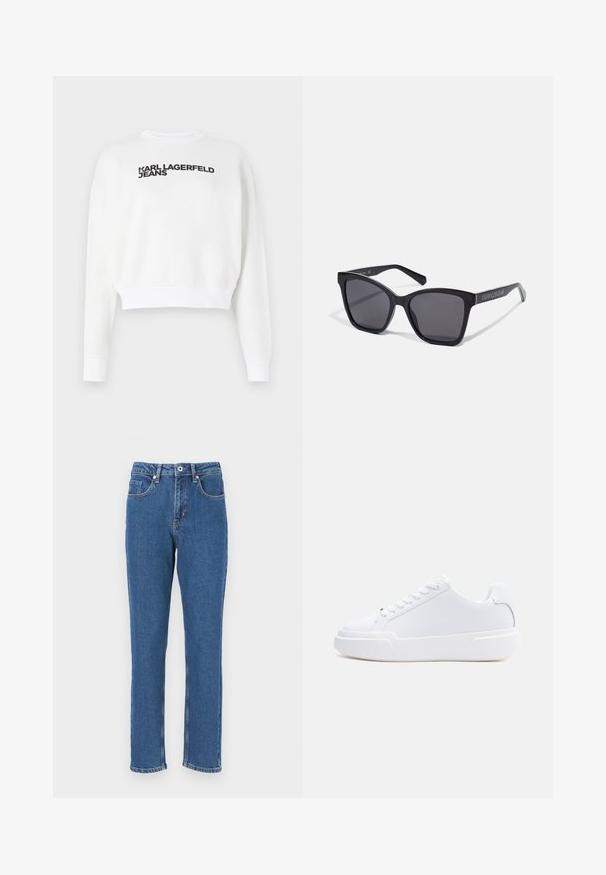 Biely skrátený mikina z fleece materiálu, s dlhými rukávmi a okrúhlym výstrihom. Na prednej strane v čiernej farbe je nápis "KARL LAGERFELD JEANS".; Modré džínsy s rovnými nohavicami, s vysokým pásom, prednými vreckami a viditeľným šitím pozdĺž švov.; Biely nízky topánok s viazaním na šnúrky, hrubou podrážkou a hladkým zvrškom, zobrazený z vonkajšej strany na jednoduchom svetlom pozadí.; Čierne obdĺžnikové slnečné okuliare s tmavými sklami a lesklými rámami. Obsahuje strieborné označenie po stranách. Štvorcový tvar s pevným rámom.