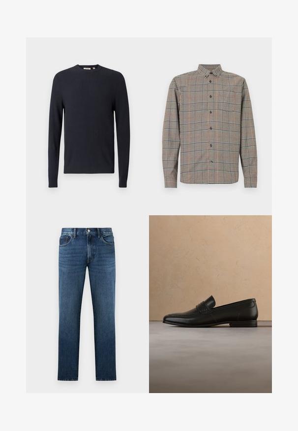 Pull côtelé bleu marine avec un col rond, des manches longues et un tissu texturé. Présente un ourlet et des poignets ajustés.; Chemise à manches longues avec col classique, présentant un motif à carreaux beige et noir avec des lignes subtiles rouges et bleues.; Jean en denim bleu foncé à coupe droite avec fermeture à bouton et fermeture éclair à l'avant, poches avant et arrière, présenté sur fond blanc.; Mocassin en cuir noir présenté en lévitation au-dessus d'un tapis beige avec un canapé beige en arrière-plan.
