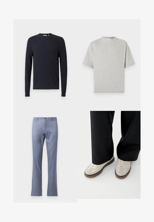 Marineblauer, gerippter Pullover mit Rundhalsausschnitt, langen Ärmeln und strukturierter Stoffoberfläche. Verfügt über einen taillierten Saum und Bündchen.; Graues T-Shirt mit kurzen Ärmeln und Rundhalsausschnitt, aus weichem Baumwollstoff gefertigt, mit schlichtem Design und einfarbigem Muster. Keine sichtbaren Logos oder Muster.; Helle blaue Baumwollhose mit geradem Schnitt, flachem Vorderteil, Gürtelschlaufen und einem einzigen Knopfverschluss an der Taille. Keine sichtbaren Muster.; Füße mit beigen Sneakers mit braunen Sohlen und schwarzen Hosen mit weitem Bein auf weißem Hintergrund.