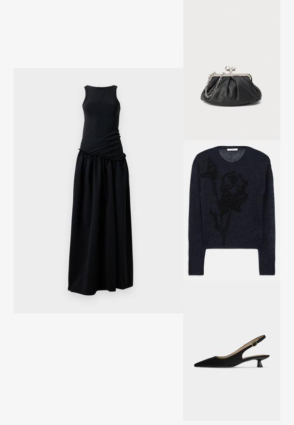 Pull marin en laine douce, doté d'une broderie florale texturée noire sur le devant et d'un col rond classique.; Robe noire avec un haut ajusté à col rond et une jupe froncée et fluide. Fabriquée à partir d'un tissu doux et lisse avec une texture homogène.; Chaussure slingback noire à bout pointu, petit talon kitten et bride à boucle dorée, présentée de profil sur fond uni clair.; Porte-monnaie en cuir noir avec texture froncée, cadre en métal argenté, fermeture à verrouillage kiss-lock et bandoulière en chaîne. Surface lisse et douce.