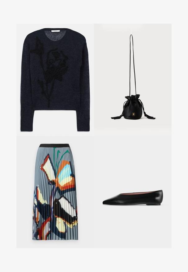 Pull marin en laine douce, doté d'une broderie florale texturée noire sur le devant et d'un col rond classique.; Jupe midi plissée en tissu doux avec un motif coloré de papillons. La ceinture est noire avec un imprimé texturé.; Chaussure plate en cuir noir pour femme, avec bout pointu et petit talon, vue de côté sur un fond gris clair uni.; Sac seau noir à cordon avec une longue sangle fine et un petit logo carré doré sur le devant, présenté sur un fond uni.