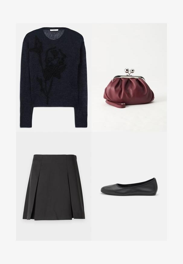 Suéter azul marino de lana suave con un diseño de bordado floral negro texturizado en la parte frontal y un escote clásico en forma de barco.; Falda negra con pliegues, de textura suave, forma entallada y cintura recta. Diseñada sin cierre para lograr un siluete limpio.; Bailarina de piel negra con punta redondeada, textura suave, detalle de costura minimalista y diseño de suela flexible.; Pequeño bolso de mano de cuero burdeos con cierre metálico plateado y correa de muñeca sobre un fondo blanco.