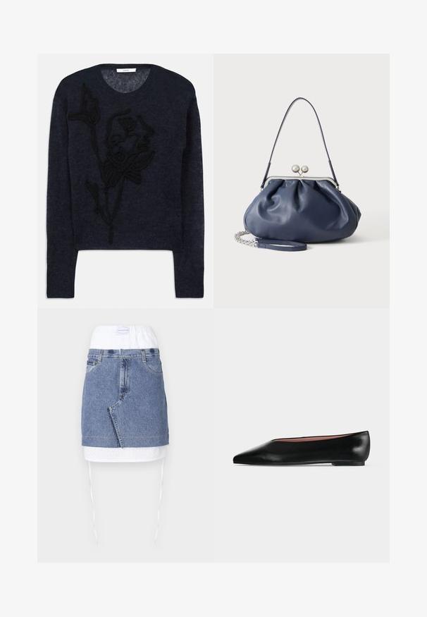 Navy blå sweater lavet af blødt garn med et struktureret sort blomsterbroderi på forsiden og en klassisk rund hals.; Denim nederdel med en blå krop, hvid perforeret talje og snoretræk. Har forlommer og en lige pasform med rå kant.; Sort damesko i læder med flad hæl og spids tå, vist fra siden på en ensfarvet lys grå baggrund.; Blød navyblå læderhåndtaske med sølv lukning, enkelt skulderrem og aftagelig kæde til håndleddet på hvid baggrund.