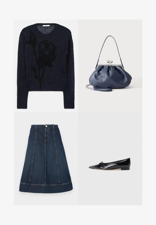 Navyblauwe trui van zacht garen met een gemarmerd zwart bloemenborduurwerk op de voorkant en een klassieke ronde hals.; Denim A-lijn rok in donkerblauw, met een knoopsluiting aan de taille, vijf riemlussen en contrasterende stiksels. Kniehoog met een gezoomde rand.; Zwarte gepatenteerde leren platte schoen met een puntige neus, een kleine decoratieve band en een lage blokhak. Gladde textuur en strak ontwerp.; Zachte navyblauwe leren handtas met zilveren sluiting, enkele schouderband en afneembare ketting polsband op witte achtergrond.