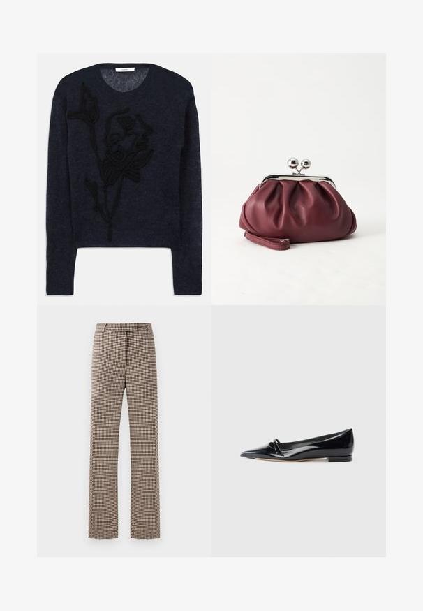 Pull marin en laine douce, doté d'une broderie florale texturée noire sur le devant et d'un col rond classique.; Pantalons à motif pied-de-poule marron et noir avec une coupe droite, dotés d'une taille élastique et de poches latérales.; Chaussure plate en cuir verni noir avec un bout pointu, une petite lanière décorative et un petit talon carré. Texture lisse et design épuré.; Petit sac pochette en cuir bordeaux avec fermoir métallique argenté et bracelet sur fond blanc.