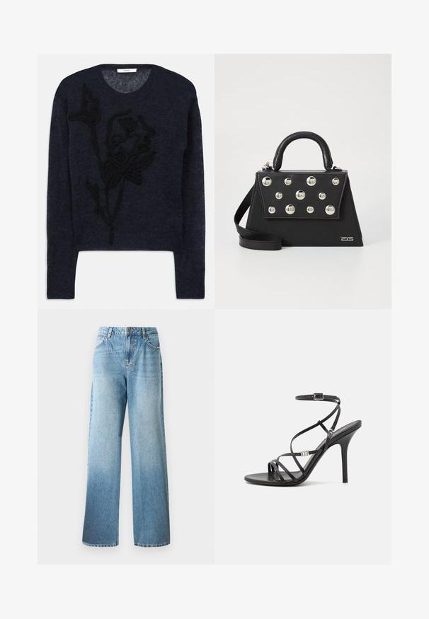 Pull marin en laine douce, doté d'une broderie florale texturée noire sur le devant et d'un col rond classique.; Jean en denim bleu clair avec une coupe ample, des jambes droites et des embellissements subtils. Présente un design traditionnel à cinq poches et des passants de ceinture.; Sandale noire à talons hauts avec des brides fines, une boucle à la cheville, une surface en cuir lisse et un talon aiguille élancé.; Sac à main noir avec une forme structurée, doté d'une poignée supérieure, d'une bandoulière et de clous décoratifs en métal à l'avant.
