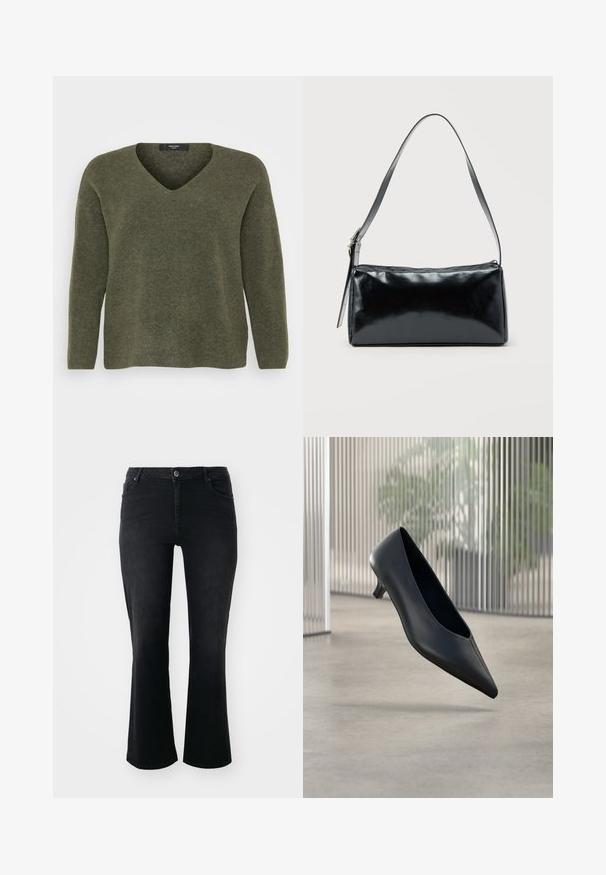 Olijfgroen v-hals trui van zacht gebreid materiaal, met lange mouwen en een relaxed fit, met subtiele textuur en een geribde zoom.; Zwarte denim jeans met een middelhoge taille, een knoop aan de voorkant, twee voorkruiszakken, twee achterzakken en een flared model.; Zwarte kitten heel schoen met puntige neus die boven een gladde betonnen vloer zweeft, met verticale doorschijnende panelen op de achtergrond.; Zwarte rechthoekige schoudertas met een enkele verstelbare band en een bovenste ritssluiting op een effen achtergrond.
