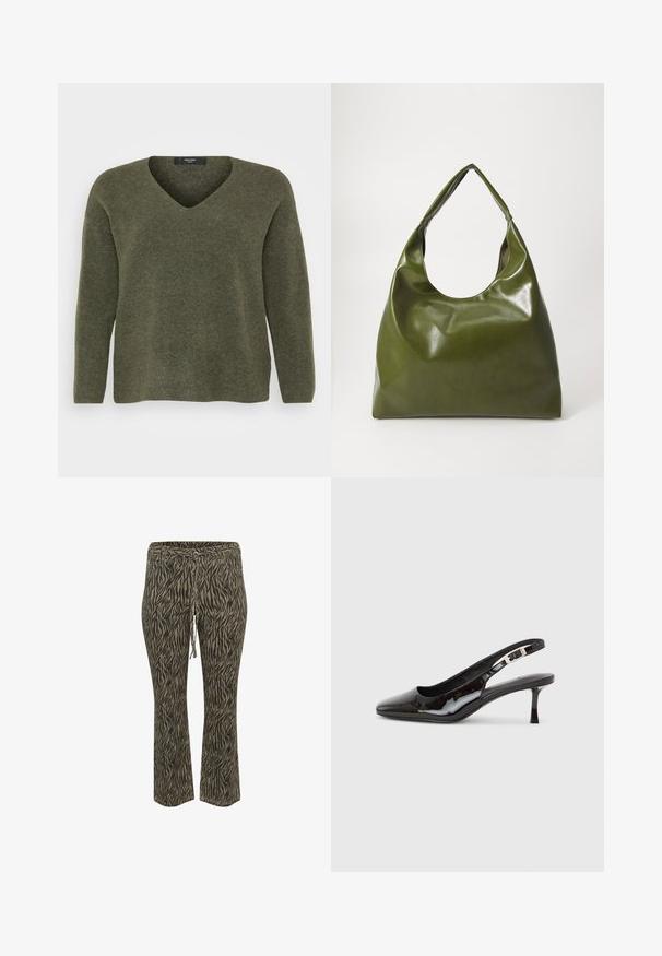 Olivgrüner V-Ausschnitt-Pullover aus weichem Strickmaterial, mit langen Ärmeln und lässiger Passform, subtilem Muster und geripptem Saum.; Elastische Hose mit Kordelzug im khaki und beigefarbenen Zebra-Muster. Mittlere Leibhöhe, ausgestellte Beinform, weicher Stoff. Geeignet für Freizeitkleidung.; Schwarzer Slingback-Schuh aus Lackleder mit spitzer Zehenpartie, silberner Schnalle und mittelhohem Kitten-Heel auf hellem einfarbigem Hintergrund.; Grüne Leder-Hobo-Tasche mit einem lässigen Design, gebogenem Griff und glatter Textur. Enthält keine sichtbaren Beschläge oder Akzente.