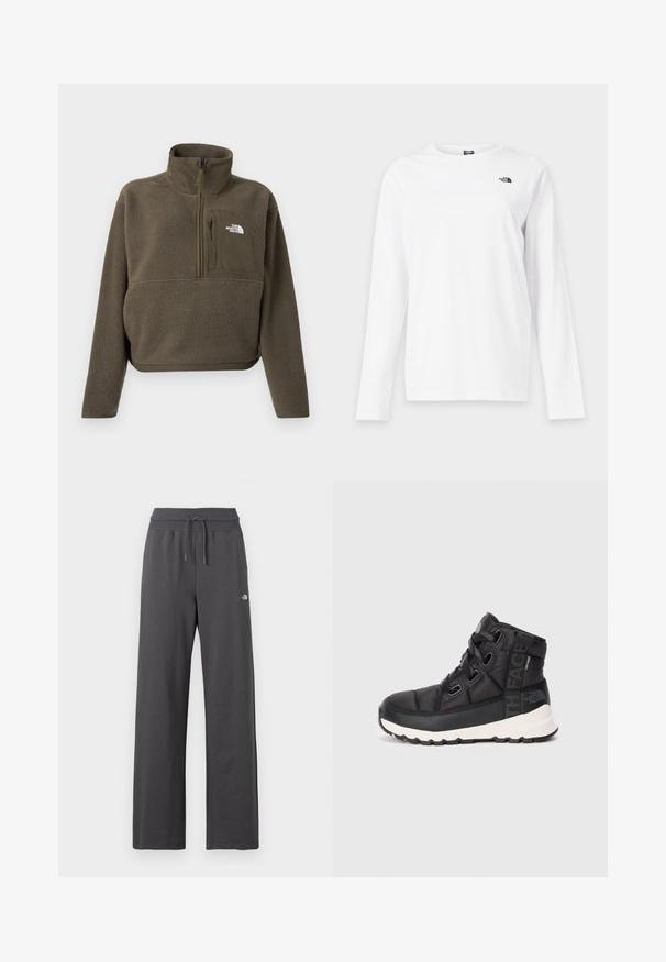Olivengroene fleece pullover met hoge kraag, kwart-rits en een voorzak met ritssluiting. Wit logo op de borst. Verkorte lengte.; Wit shirt met lange mouwen en ronde hals met klein zwart The North Face-logo op de linkerborst.; Donkergrijze sweatpants met wijde pijpen, voorzien van een geribbelde elastische tailleband en een trekkoord, met een klein wit logo op de rechterdij.; Zwarte mid-top wandelschoenen met een gestructureerde afwerking, verstelbare veters en een witte rubberen zool. Heeft merkbranding aan de zijkant.