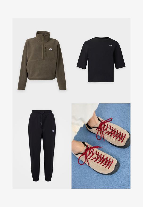 Oliviroheline fliisist pullover kõrge krae, neljandik lukuga ja esiosa taskuga, millel on lukk. Valge logo rinnal. Lühendatud pikkus.; Mustast lühikeste varrukatega ja ümara kaelusega T-särk, millel on ülemise vasaku rinna piirkonnas väike valge The North Face’i logo heleda tausta ees.; Mustad musta värvi jooksupüksid elastse vöökoha ja mansettidega, stringi sidumise võimalus, küljetaskud ja väike valge The North Face logo paremal reiel.; Beezhikirid punased nööridega, paigutatud sinisele tekstureeritud pinnale, osaliselt paljastavad inimese pahkluu. Kingad on sportliku disainiga.
