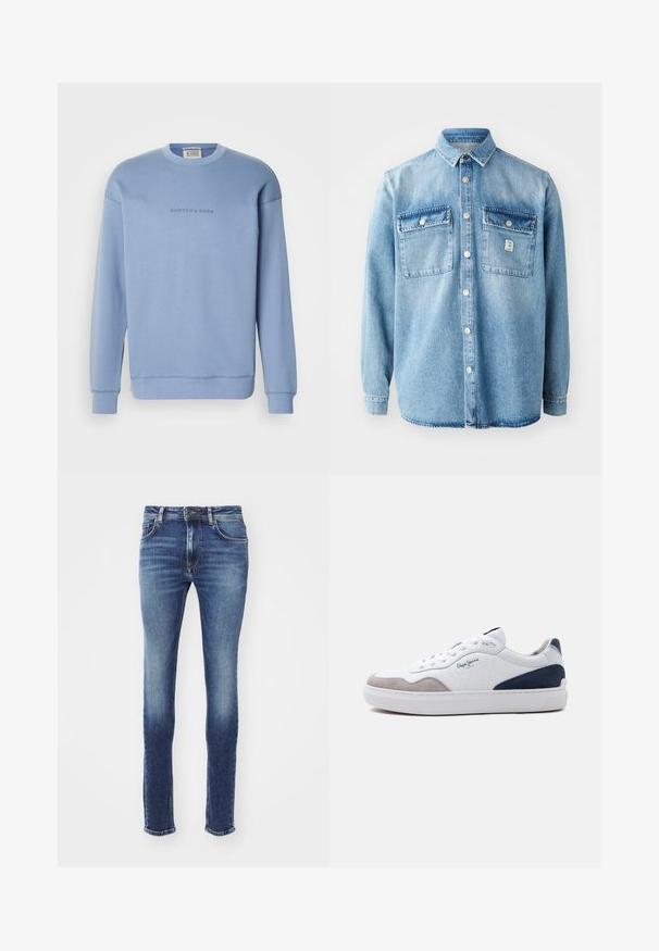 Vaalean sininen pyöreäkauluksinen collegepaita, joka on valmistettu pehmeästä kankaasta. Rintapielessä on hillitty fontti, jossa lukee "SCOTCH & SODA". Pitkät hihat ja ribbireunat.; Vaaleansininen farkkupaita, jossa on pitkät hihat, pistekaulus, kaksi rintataskua ja etunappisuljenta. Ominaisuuksina hienovarainen kangastekstuuri ja ompelu yksityiskohdat.; Siniset farkut, joissa on kapea malli, keskimäinen vyötärö, ommellut taskut ja hieman haalistunut ilme. Lahkeet ovat hieman kuluneet.; Valkoinen matala lenkkikenkä harmaalla nupukkinahkakärjellä, tummansininen nupukkinahkainen kanta, valkoiset nauhat ja "Pepe Jeans" -logo sivussa.
