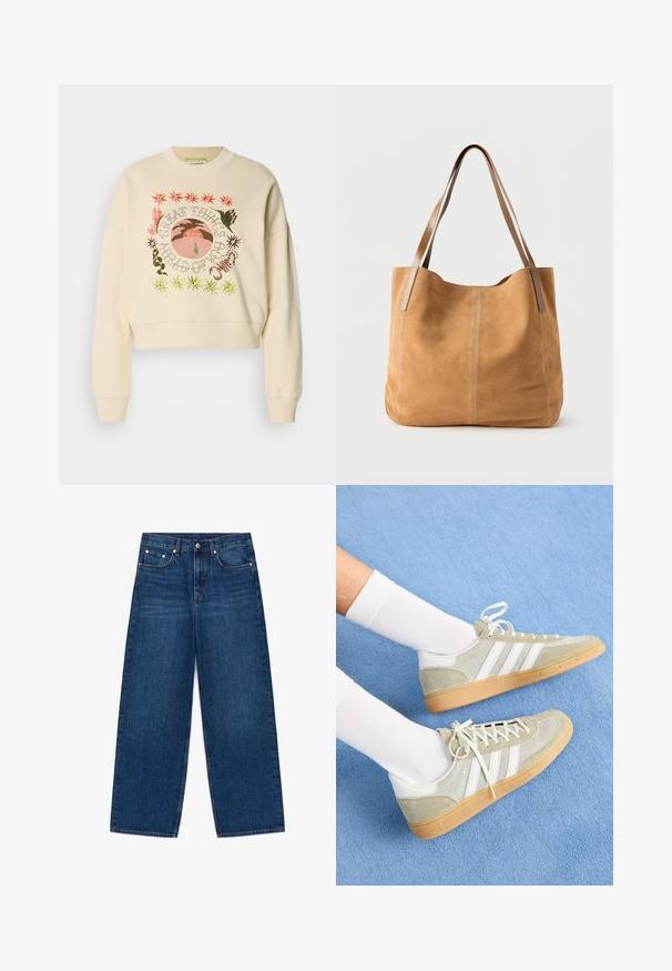 Cremefarvet cropped sweatshirt med et rundt grafisk motiv, der viser planter, en solnedgang og teksten "STORE TING FORAN DIG" i forskellige farver.; Blå cowboybukser med vide ben, fem-lomme-design og knaplukning, vist fladt på en hvid baggrund.; Lys grå ruskinds sneakers med hvide gummidetaljer, der har tre hvide striber og en gummisål, båret med hvide sokker på en blå baggrund.; Beige ruskindtaske med lange lysebrune læderstropper, blød tekstur og enkel syning på en ensfarvet hvid baggrund.