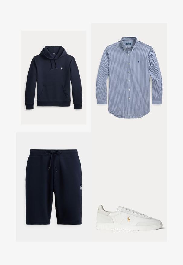 Sweat à capuche bleu marine foncé avec poche kangourou à l'avant, capuche à cordon, manches longues et petit logo blanc Polo Ralph Lauren sur la poitrine.; Chemise bleu et blanche à rayures verticales, manches longues, boutonnée, avec col et petit logo brodé sur la poitrine gauche.; Shorts de sport en coton bleu marine avec taille élastique, cordon de serrage et logo sur le côté gauche. Texture lisse, longueur au genou.; Baskets basses blanches avec design à lacets, logo Polo Ralph Lauren doré sur le côté et semelle texturée sur fond uni.