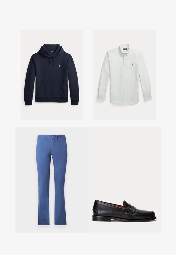 Tmavomodrá mikina s kapucňou so šnúrkou, predným klokanie vreckom, dlhými rukávmi a malým bielym logom Polo Ralph Lauren na hrudi.; Svetlozelená a bielo pruhovaná bavlnená košeľa s gombíkmi, vybavená klasickým golierom a malým vyšívaným logom na hrudi.; Modré nohavice z bavlnenej zmesi so strihom rovného nohavice, zapínaním na gombík, funkčnými vreckami a hladkou textúrou. Jednoduchý a univerzálny štýl.; Čierny kožený mokasín s nízkym podpätkom a detailom s penny remienkom, zobrazený z boku na svetlosivom pozadí.