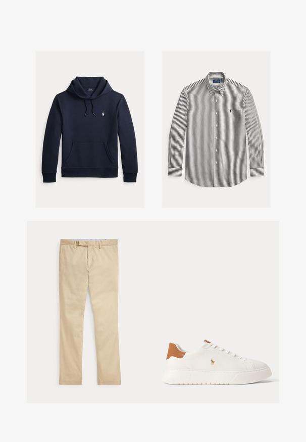Tume merevärvi kapuutsiga dressipluus esiküljel kengurutasku, kapuuts nööriga, pikad varrukad ja väike valge Polo Ralph Laureni logo rinnal.; Mustvalgeid vertikaaltriibulisi pika varrukaga nööpidega särk, puuvillane materjal, terav krae, väike tikkitud logo rinnal.; Beeži sirgete säärega püksid vööaasade ja ees oleva tõmblukuga, laotatud tasaselt valgele taustale.; Valged madala säärega tossud, pruun kannaosa, valged paelad ja väike tikandiga polo mängija logo külje peal paksu taldmiku kohal.