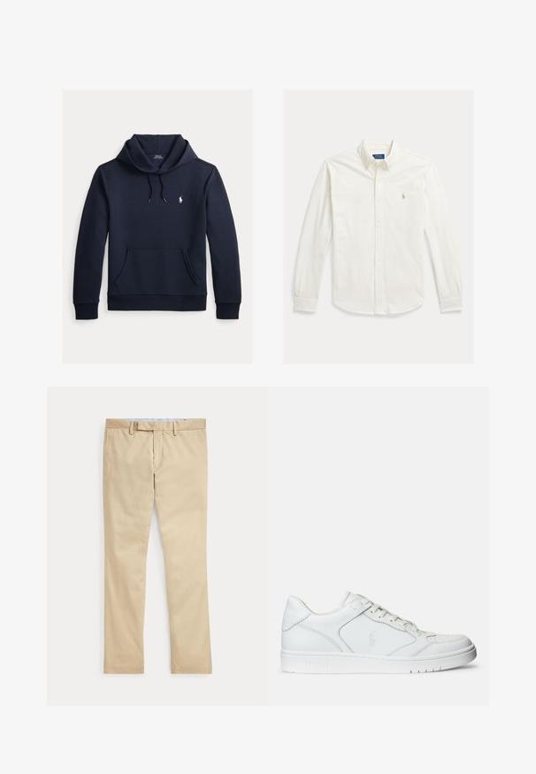 Tmavomodrá mikina s kapucňou so šnúrkou, predným klokanie vreckom, dlhými rukávmi a malým bielym logom Polo Ralph Lauren na hrudi.; Biela košeľa s dlhým rukávom na gombíky s golierom a vyšívaným logom Polo Ralph Lauren na ľavej strane hrudníka.; Béžové nohavice s rovnými nohavicami, s pútkami na opasok a predným zipsom, položené na bielom pozadí.; Biele kožené tenisky s hladkým povrchom, obsahujúce perforovanú špičku, šnúrkové uzatvorenie a vyšívané logo na boku. Biela gumová podrážka.