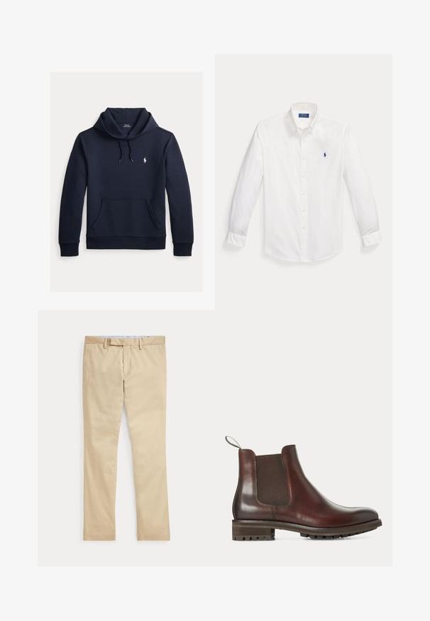 Tmavomodrá mikina s kapucňou so šnúrkou, predným klokanie vreckom, dlhými rukávmi a malým bielym logom Polo Ralph Lauren na hrudi.; Biela košeľa s dlhým rukávom na gombíky, s gombíkovým golierom a malým tmavomodrým logom Polo Ralph Lauren na ľavej strane hrudníka.; Béžové nohavice s rovnými nohavicami, s pútkami na opasok a predným zipsom, položené na bielom pozadí.; Hnedá kožená Chelsea čižma s elastickým bočným panelom, sťahovacou pútkom na päte a hrubou gumovou podrážkou so vzorom.