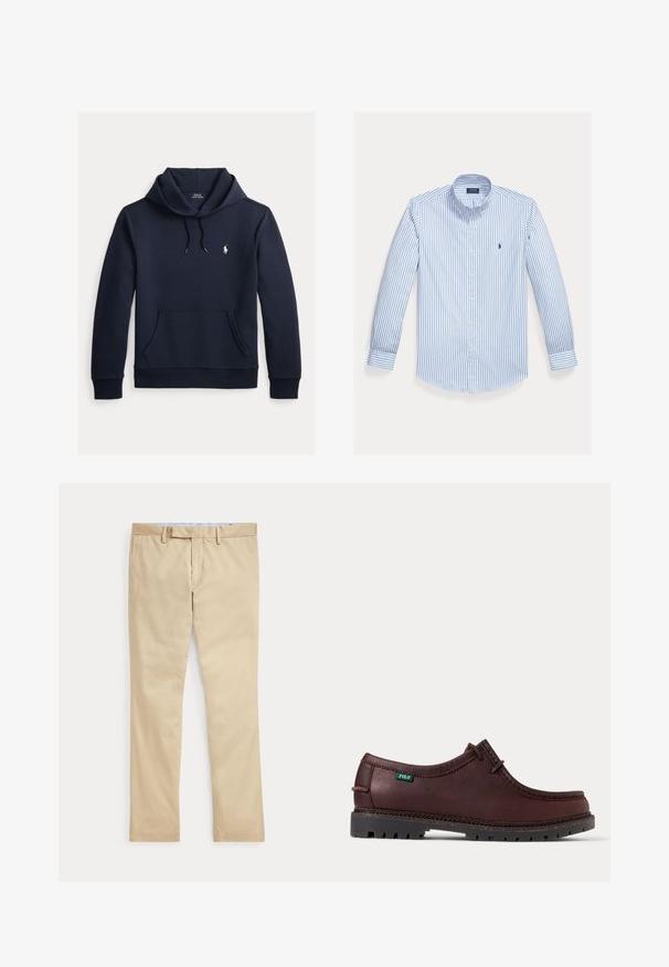 Mørk navyblå hættetrøje med front kangurulomme, snøre i hætten, lange ærmer og lille hvid Polo Ralph Lauren-logo på brystet.; Lyseblå langærmet skjorte med vertikale hvide striber, knaplukning, knapper på kraven og et lille logo på venstre brystlomme.; Beige bukser med lige ben, bæltestropper og frontlynlås, lagt fladt mod en hvid baggrund.; Mørkebrun lædermokkasinstil sko med sort robust sål og grønt Polo-logo mærke på siden, vist i sidevisning.