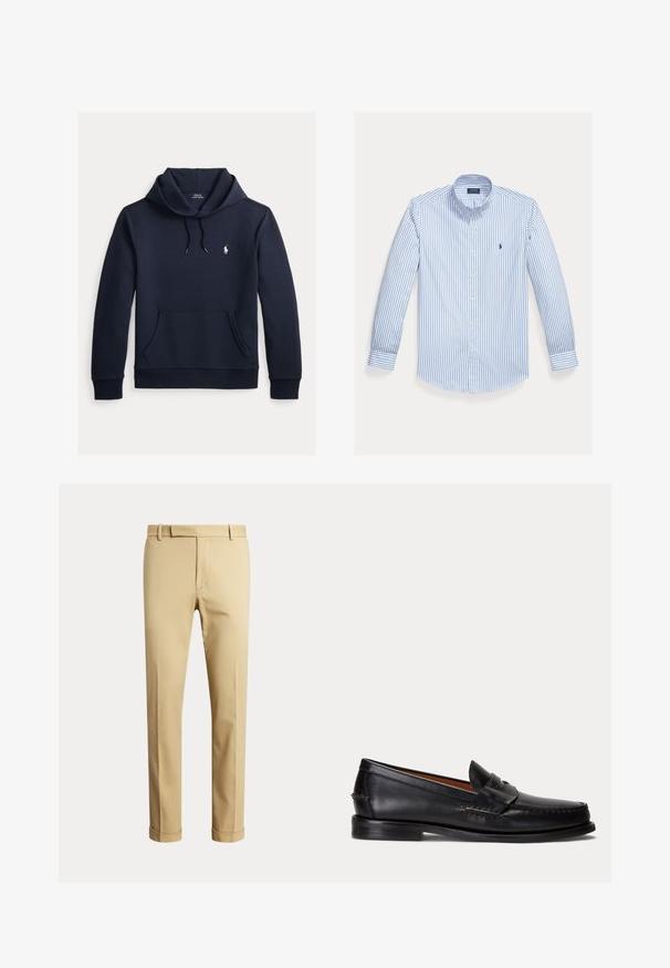 Tume merevärvi kapuutsiga dressipluus esiküljel kengurutasku, kapuuts nööriga, pikad varrukad ja väike valge Polo Ralph Laureni logo rinnal.; Hele sinine pika varrukaga särk, millel on vertikaalsed valged triibud, nööbitav krae ja väike logo vasakul rinnataskul.; Meeste beežid mõõdulised püksid vööaasade ja mansettidega, esitatud ühevärvilise heleda tausta ees.; Mustast nahast loafer madala kontsa ja penny rihma detailiga, näidatud küljelt helehallil taustal.