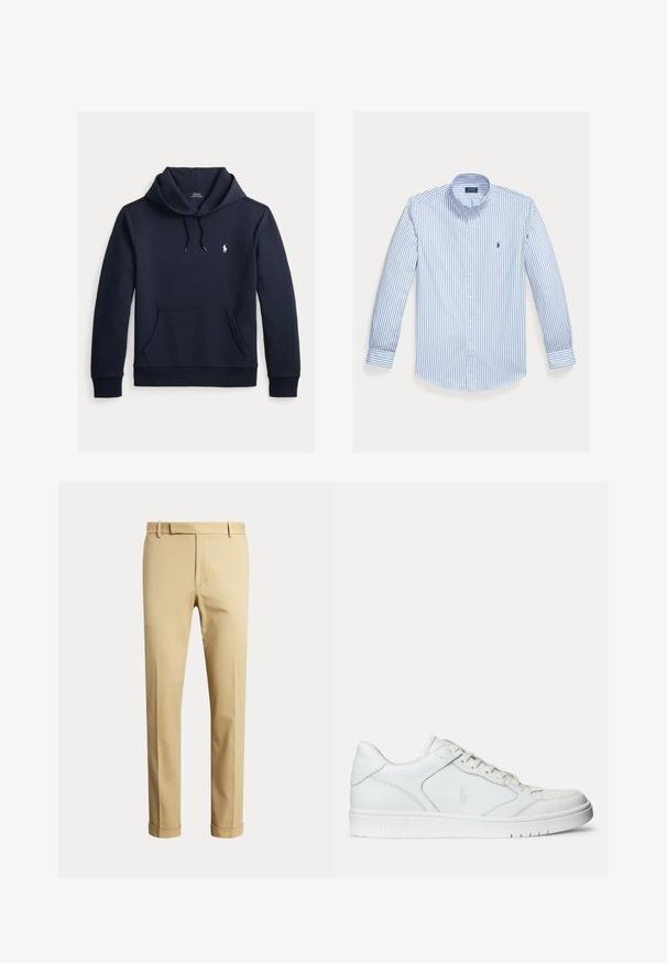 Tmavomodrá mikina s kapucňou so šnúrkou, predným klokanie vreckom, dlhými rukávmi a malým bielym logom Polo Ralph Lauren na hrudi.; Svetlomodrá košeľa s dlhými rukávmi, zapínaná na gombíky, s vertikálnymi bielymi pruhmi, golierom zapínateľným na gombíky a malým logom na ľavej náprsnej vrecku.; Pánske béžové nohavice na mieru s pútkami na opasok a manžetami, zobrazené na jednoduchom svetlom pozadí.; Biele kožené tenisky s hladkým povrchom, obsahujúce perforovanú špičku, šnúrkové uzatvorenie a vyšívané logo na boku. Biela gumová podrážka.