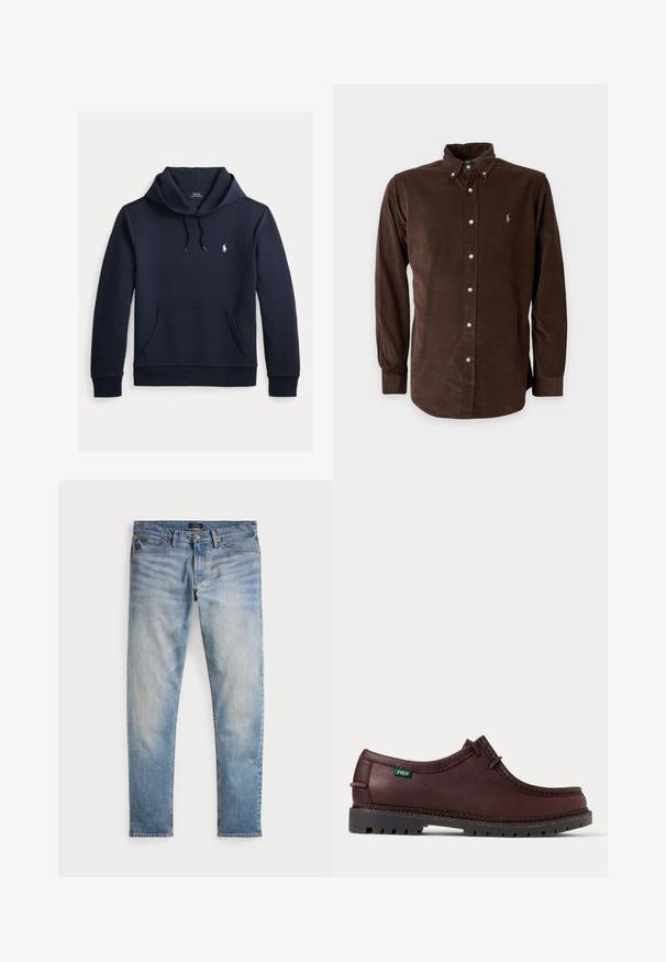 Dunkel marineblauer Kapuzenpullover mit vorderer Kängurutasche, Kapuzenkordel, langen Ärmeln und kleinem weißen Polo Ralph Lauren Logo auf der Brust.; Braunes Langarmhemd mit Knöpfen, Kragen und kleinem gesticktem Logo auf der linken Brustseite.; Helle blaue Denim-Jeans mit einem ausgewaschenen Finish, Fünf-Taschen-Design und kontrastierenden Nähten. Mit Reißverschluss und Gürtelschlaufen. Gerade geschnitten.; Dunkelbrauner Leder-Mokassinschuh mit schwarzer robuster Sohle und grünem Polo-Logo-Etikett an der Seite, Seitenansicht.