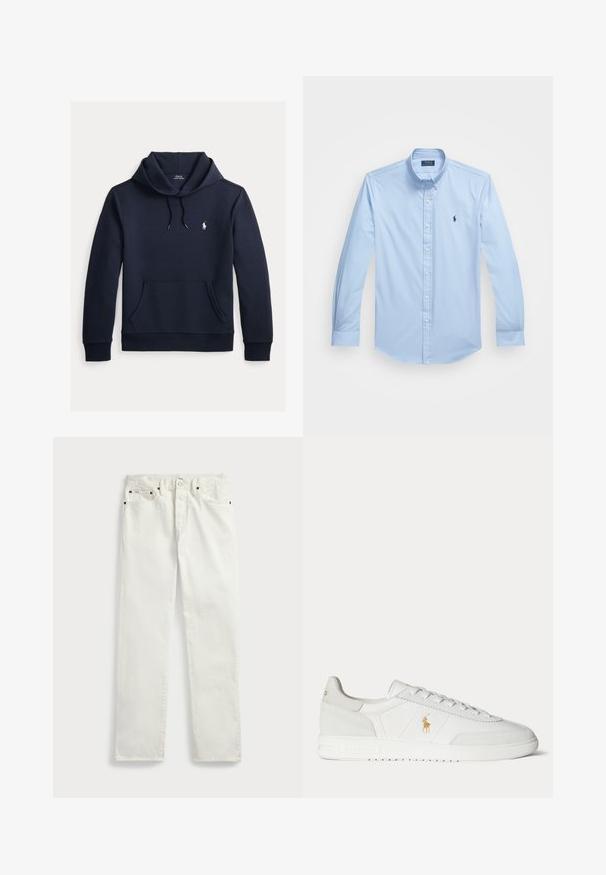 Tmavomodrá mikina s kapucňou so šnúrkou, predným klokanie vreckom, dlhými rukávmi a malým bielym logom Polo Ralph Lauren na hrudi.; Svetlomodrá košeľa na gombíky vyrobená z bavlny s dlhými rukávmi, špicatým golierom a vyšitým logom na ľavej hrudi. Plosky predný dizajn.; Biele džínsové nohavice so strižením rovného strihu, s piatimi vreckami, kovovými gombíkmi a švovými akcentmi. Hladká textúra.; Biela nízka teniska so šnurovaním, zlaté logo Polo Ralph Lauren na boku a textúrovaná podrážka na jednofarebnom pozadí.