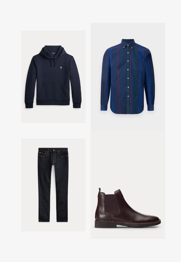 Donker marineblauwe hoodie met voorkangoeroezak, capuchon met trekkoord, lange mouwen en klein wit Polo Ralph Lauren-logo op de borst.; Overhemd met knoopsluiting en verticale strepen in donkerblauw, groen en kastanjebruin. Gemaakt van stof met een soepele textuur en voorzien van een borstzak.; Donkerblauwe slim-fit jeans met vijf zakken, knoopsluiting en contrasterende stiksels, plat gelegd op een lichte achtergrond.; Donkerbruine leren Chelsea-boot met elastisch zijpaneel en lage hak, weergegeven in profiel op een witte achtergrond.