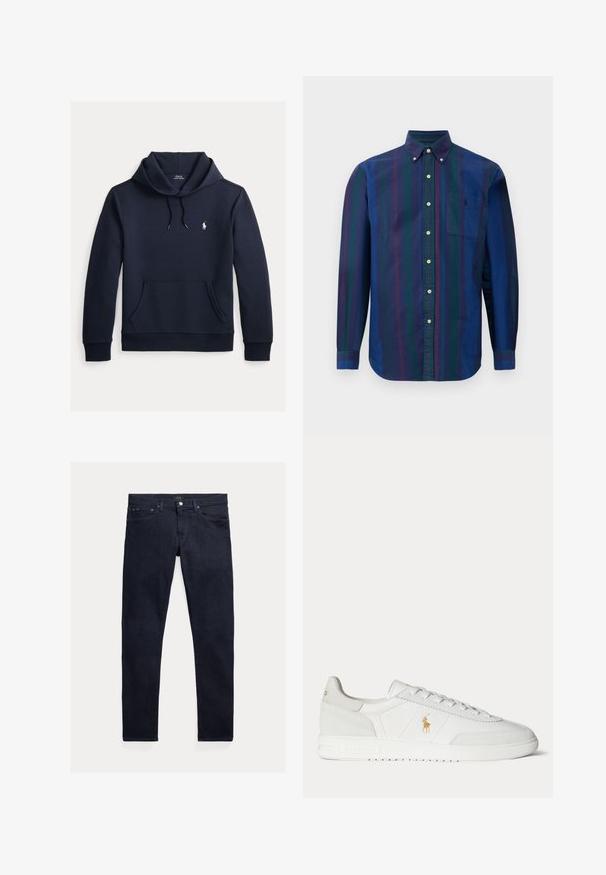 Sudadera con capucha azul navy oscuro con bolsillo canguro delantero, capucha con cordón, mangas largas y pequeño logo blanco de Polo Ralph Lauren en el pecho.; Camisa de botones con rayas verticales en azul oscuro, verde y marrón. Elaborada en una tela de textura suave y con un bolsillo en el pecho.; Vaqueros de mezclilla azul oscuro con un ajuste entallado. Cuenta con cinco bolsillos, cierre de cremallera y botón metálico. Textura suave con un desgaste mínimo.; Zapatilla blanca de caña baja con diseño de cordones, logo dorado de Polo Ralph Lauren en el lateral y suela texturizada sobre un fondo liso.