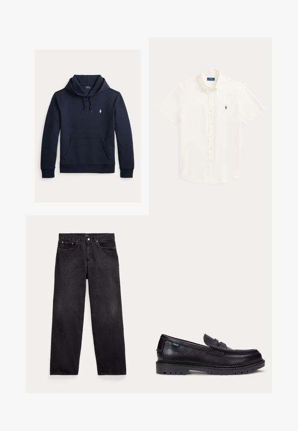 Dunkel marineblauer Kapuzenpullover mit vorderer Kängurutasche, Kapuzenkordel, langen Ärmeln und kleinem weißen Polo Ralph Lauren Logo auf der Brust.; Weißes Kurzarm-Hemd mit Knopfleiste, Kragen und kleinem dunkelblauem Polo Ralph Lauren-Logo auf der linken Brust.; Schwarze Jeans mit geradem Bein, fünf Taschen, Knopfverschluss und sichtbaren Metallnieten an den vorderen Taschen.; Schwarzer Lederloafer mit dicker Profilsohle und kleinem grünen "Polo"-Etikett an der Außenseite nahe der Ferse.