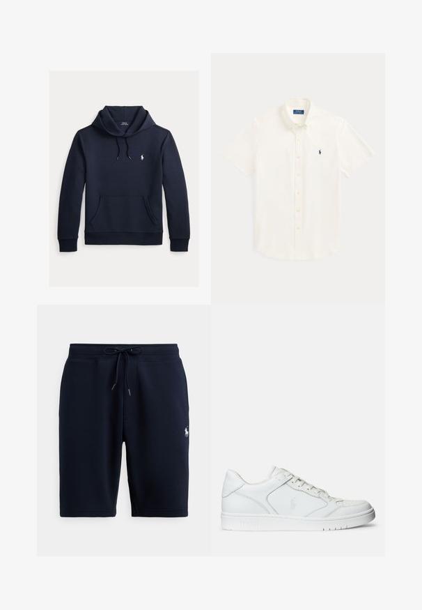 Donker marineblauwe hoodie met voorkangoeroezak, capuchon met trekkoord, lange mouwen en klein wit Polo Ralph Lauren-logo op de borst.; Wit overhemd met korte mouwen, knopen, kraag en klein marineblauw Polo Ralph Lauren-logo op de linkerborst.; Marineblauwe katoenen sportshorts met een elastische tailleband, trekkoord en logo-accent aan de linkerkant. Gladde textuur, tot aan de knieën.; Witte leren sneaker met een gladde textuur, voorzien van een geperforeerde neus, vetersluiting en geborduurde logo aan de zijkant. Witte rubberen zool.