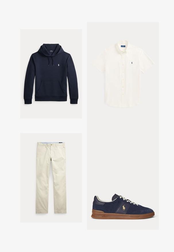 Donker marineblauwe hoodie met voorkangoeroezak, capuchon met trekkoord, lange mouwen en klein wit Polo Ralph Lauren-logo op de borst.; Wit overhemd met korte mouwen, knopen, kraag en een klein donkerblauw Polo Ralph Lauren-logo op de linkerborst.; Beige katoenen broek met rechte pijpen, riemlussen, voorste knoop, ritssluiting en zijzakken.; Marineblauwe lage sneaker met witte veters, bruine zool en Polo-spelerlogo aan de zijkant, gezien van links.