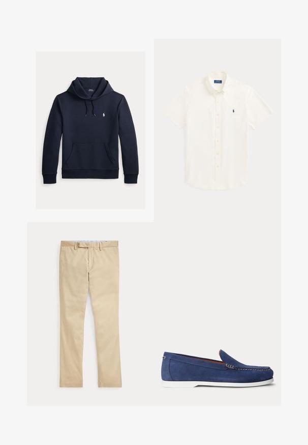 Donker marineblauwe hoodie met voorkangoeroezak, capuchon met trekkoord, lange mouwen en klein wit Polo Ralph Lauren-logo op de borst.; Wit overhemd met korte mouwen, knopen, kraag en een klein donkerblauw Polo Ralph Lauren-logo op de linkerborst.; Beige broek met rechte pijpen, ceintuurlussen en een voorrits, plat gelegd tegen een witte achtergrond.; Blauwe suède loafer met witte zool en beige stiksels langs de bovenrand, afgebeeld tegen een effen witte achtergrond.