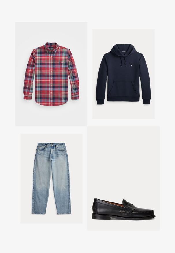 Tume merevärvi kapuutsiga dressipluus esiküljel kengurutasku, kapuuts nööriga, pikad varrukad ja väike valge Polo Ralph Laureni logo rinnal.; Pikend varrukatega ruuduline särk punases, sinises ja rohelises värvitoonis, nööbitava kraega, rinna taskuga ja logo tikandiga vasakul küljel.; Hele sinised teksapüksid lahtise istmega. Omavad kõrget pihta, viit taskut ja nähtavat õmblust. Pinna tekstuur on veidi karedam.; Mustast nahast loafer madala kontsa ja penny rihma detailiga, näidatud küljelt helehallil taustal.