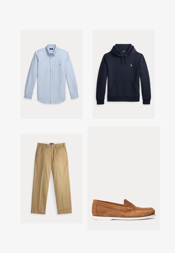 Donker marineblauwe hoodie met voorkangoeroezak, capuchon met trekkoord, lange mouwen en klein wit Polo Ralph Lauren-logo op de borst.; Lichtblauw overhemd met lange mouwen, witte verticale strepen en een klein geborduurd Polo Ralph Lauren-logo op de borst.; Beige chinos gemaakt van katoenen stof. Recht gesneden met een platte voorkant, twee zijzakken en een tailleband met knoopsluiting.; Bruine suède loafer met witte zool en beige stiksels langs de teen en bovenrand, zijaanzicht op een effen achtergrond.