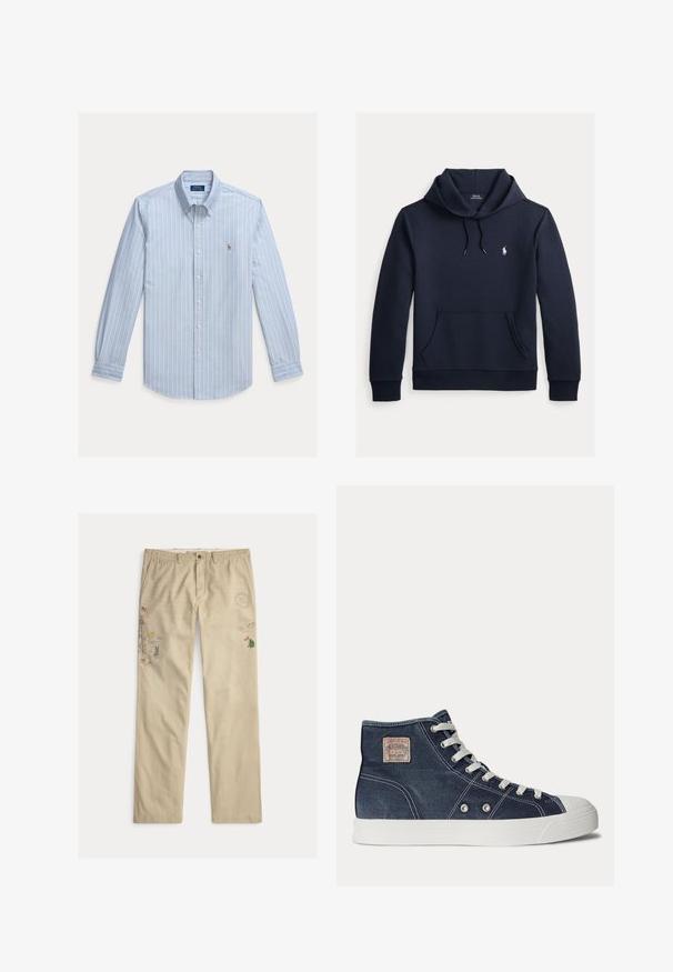 Tmavomodrá mikina s kapucňou so šnúrkou, predným klokanie vreckom, dlhými rukávmi a malým bielym logom Polo Ralph Lauren na hrudi.; Svetlomodrá košeľa s dlhým rukávom na gombíky s bielymi vertikálnymi pruhmi a malým vyšívaným logom Polo Ralph Lauren na hrudi.; Béžové bavlnené nohavice s vyšívanými motívmi, vrátane stromov a hôr, so zapínaním na gombíky a pútkami na opasok.; Tmavomodrá členková teniska s bielymi šnúrkami, bielou gumovou podrážkou, kovovými očkami a malou béžovou značkou v oblasti členku.