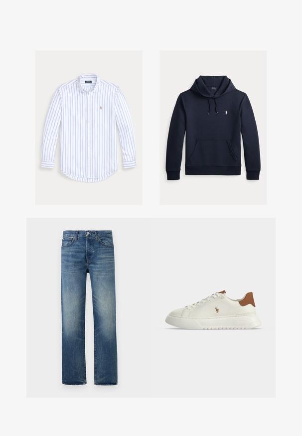 Tmavomodrá mikina s kapucňou so šnúrkou, predným klokanie vreckom, dlhými rukávmi a malým bielym logom Polo Ralph Lauren na hrudi.; Košeľa s dlhým rukávom na gombíky, s bledomodrými zvislými pruhmi a malým vyšívaným logom na ľavej strane hrude.; Modré vyblednuté rifle s rovnými nohavicami, predným zapínaním na gombík a zips, pútkami na opasok a prednými vreckami na jednofarebnom pozadí.; Biely nízky teniska s hnedou pätkou, šnurovaním vpredu, hrubou podrážkou a malým vyšívaným logom koňa na boku.