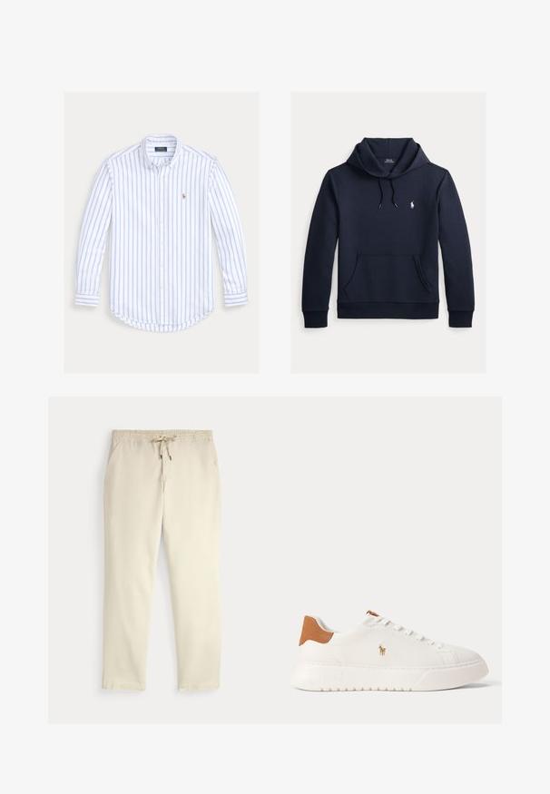 Tmavomodrá mikina s kapucňou so šnúrkou, predným klokanie vreckom, dlhými rukávmi a malým bielym logom Polo Ralph Lauren na hrudi.; Košeľa s dlhým rukávom na gombíky, s bledomodrými zvislými pruhmi a malým vyšívaným logom na ľavej strane hrude.; Krémové voľné nohavice s elastickým pásom a šnúrkou, rovné nohy a bočné vrecká na jednofarebnom pozadí.; Biely nízky teniska s béžovou pätovou záložkou, bielymi šnúrkami a malým vyšívaným logom hráča póla na boku nad tlustou podrážkou.